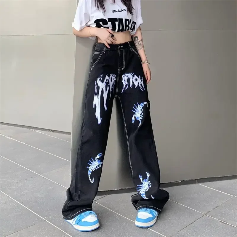 Men's Women's Style Shop American Retro Printed Jeans Straight Tube Loose Spring Autumn Dropped Long Pants Trendy Halloween