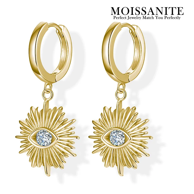 

0.5CTW Moissanite Earrings Gold Plated 925 Sterling Silver Evil Eye Hoop Earrings Sunburst Dangle Jewelry for Women Gift