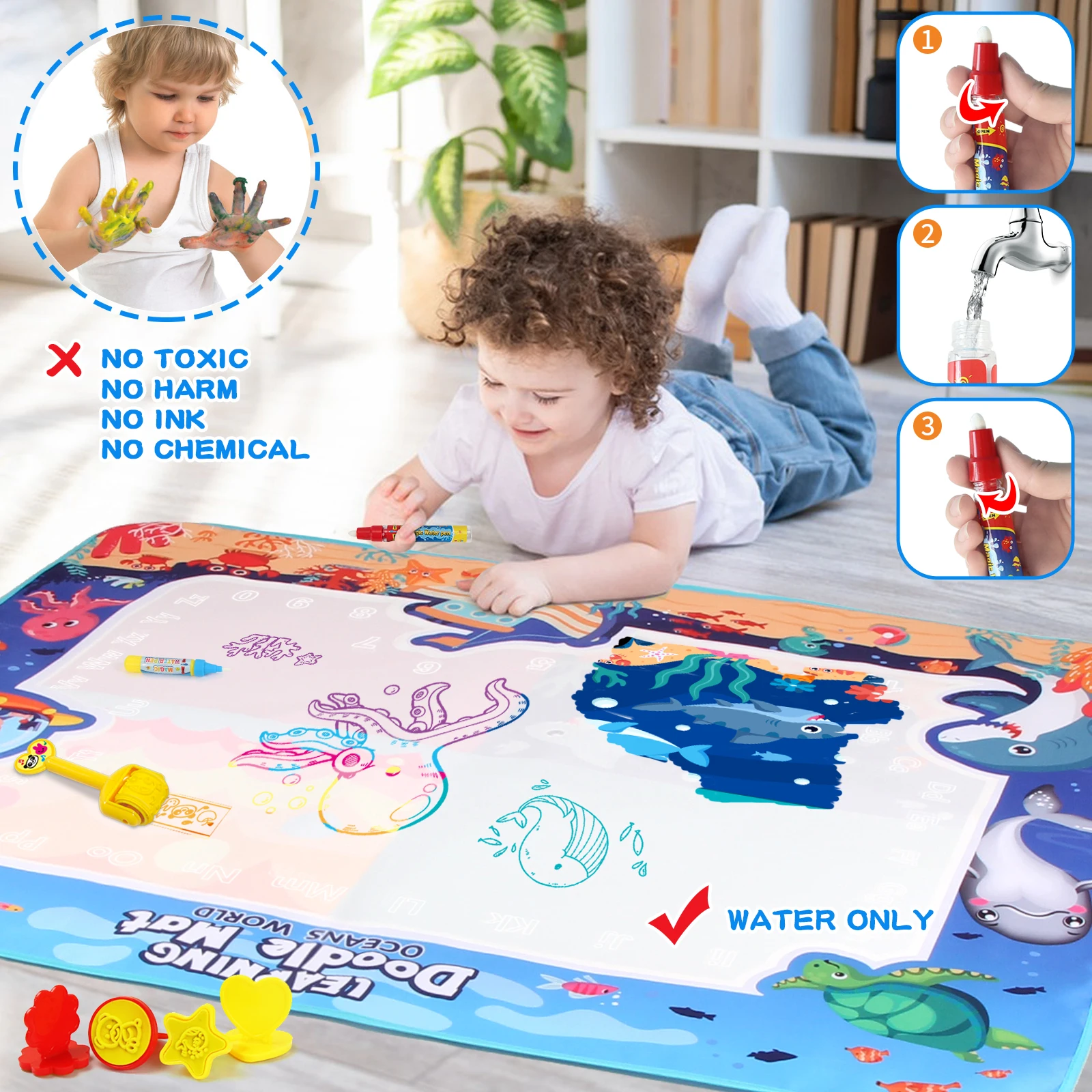 재사용 가능한 매직 펜 포함 색칠 낙서 매직 워터 드로잉 매트, 교육용 페인팅 보드, 어린이용 몬테소리 장난감, 100x80cm