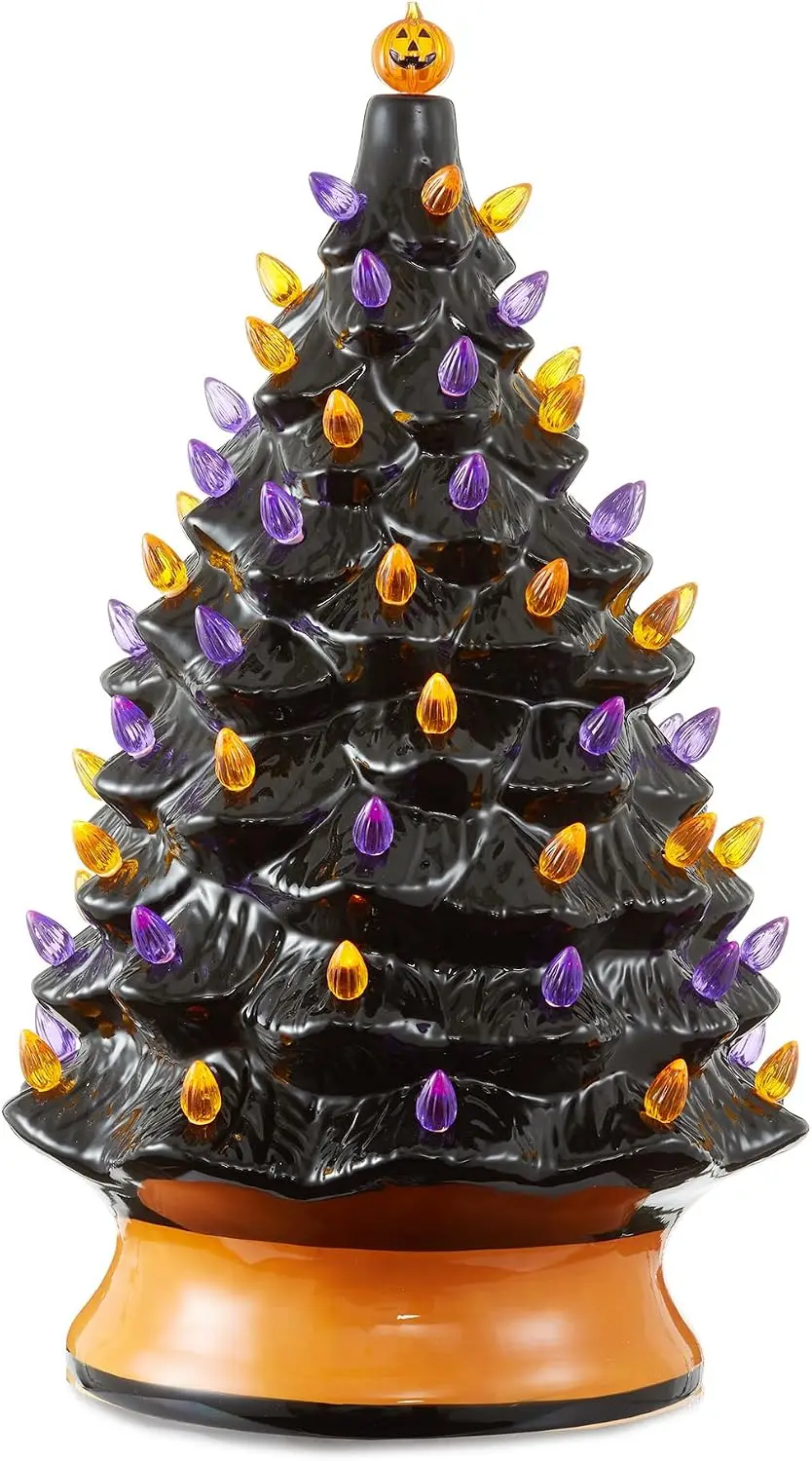 24-Inch Pre-Lit Halloween Tree in Hand-Painted Ceramic, Featuring 148 Multi-Color Lights Plus Jack-O'-Lantern and Star Toppers