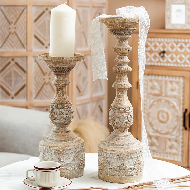 

French Candlestick Ornament Farmhouse Candle Holders Boho Candle Stands Decorative White Washed Candlestick for Party Wedding