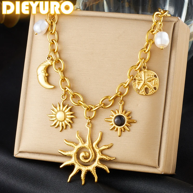 DIEYURO 316L Stainless Steel Golden Trendy Starfish Moon Sun Shaped Pendant Necklace For Women Romantic Neck Chain Holiday Gift