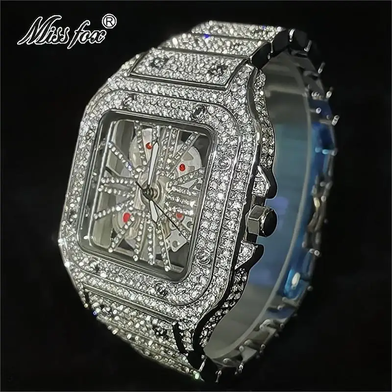 Fashion Brand MISSFOX Luxury Gold Watches Mens Hip Hop Iced Diamond Quartz Clock Waterproof Square AAA WristWatch Reloj 2023 Hot