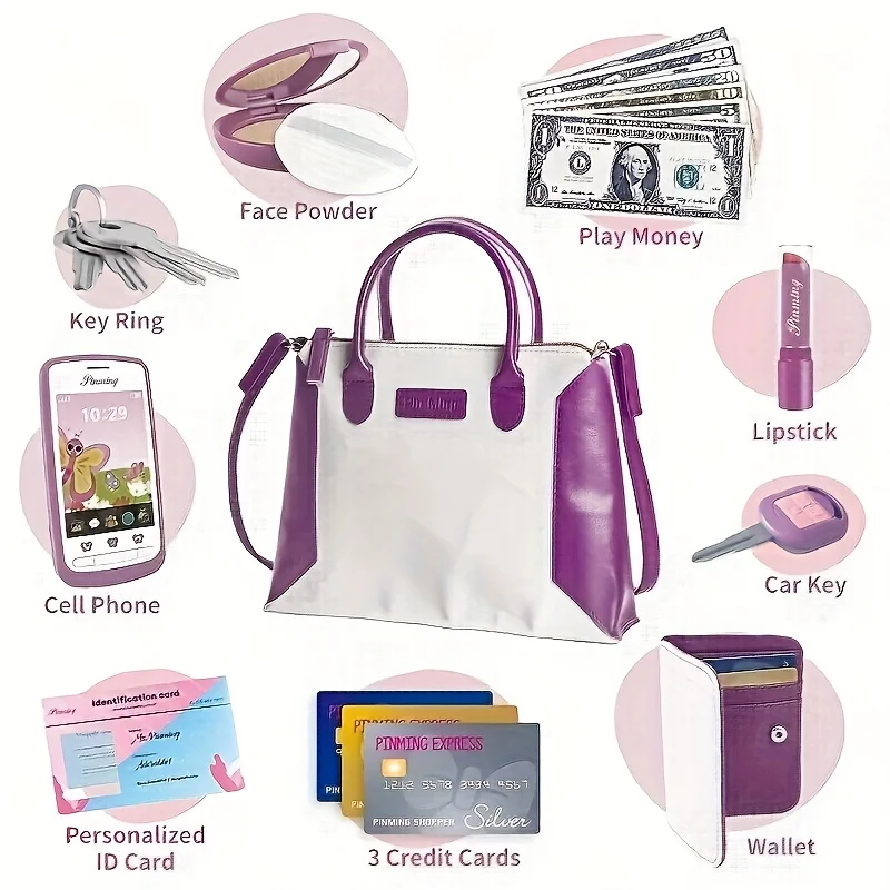 역할극 메이크업이 포함된 공주 화장품 핸드백 - 흰색 및 보라색, 어린이 선물 아이디어