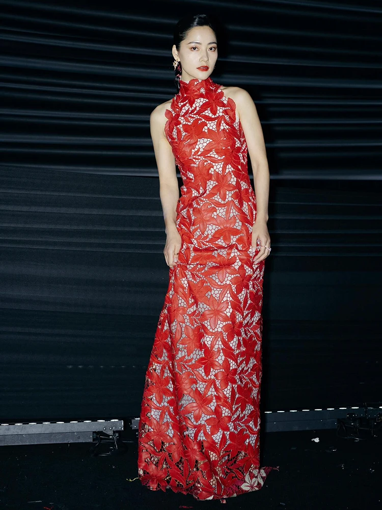 

Red Wedding Dr Lace Collar Engagement Par Long Qipao Evening Gown for Brides Vintage Sle Floor-Length Polyester Fabric