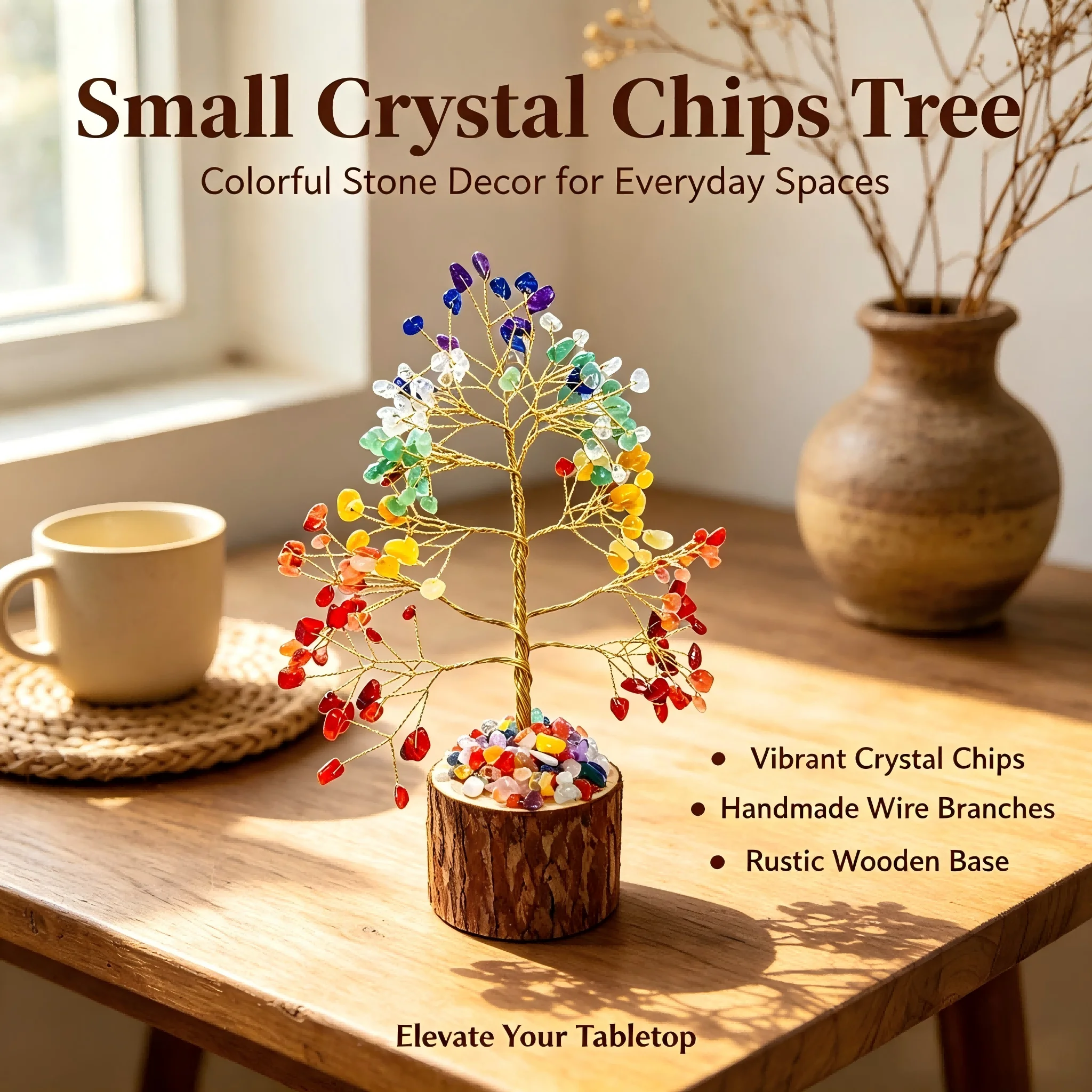 Natural crystal tree, colorful crystal tree ornament with wooden stacking base, suitable for home office desktop display decoration, elegant gift, for family and friends
