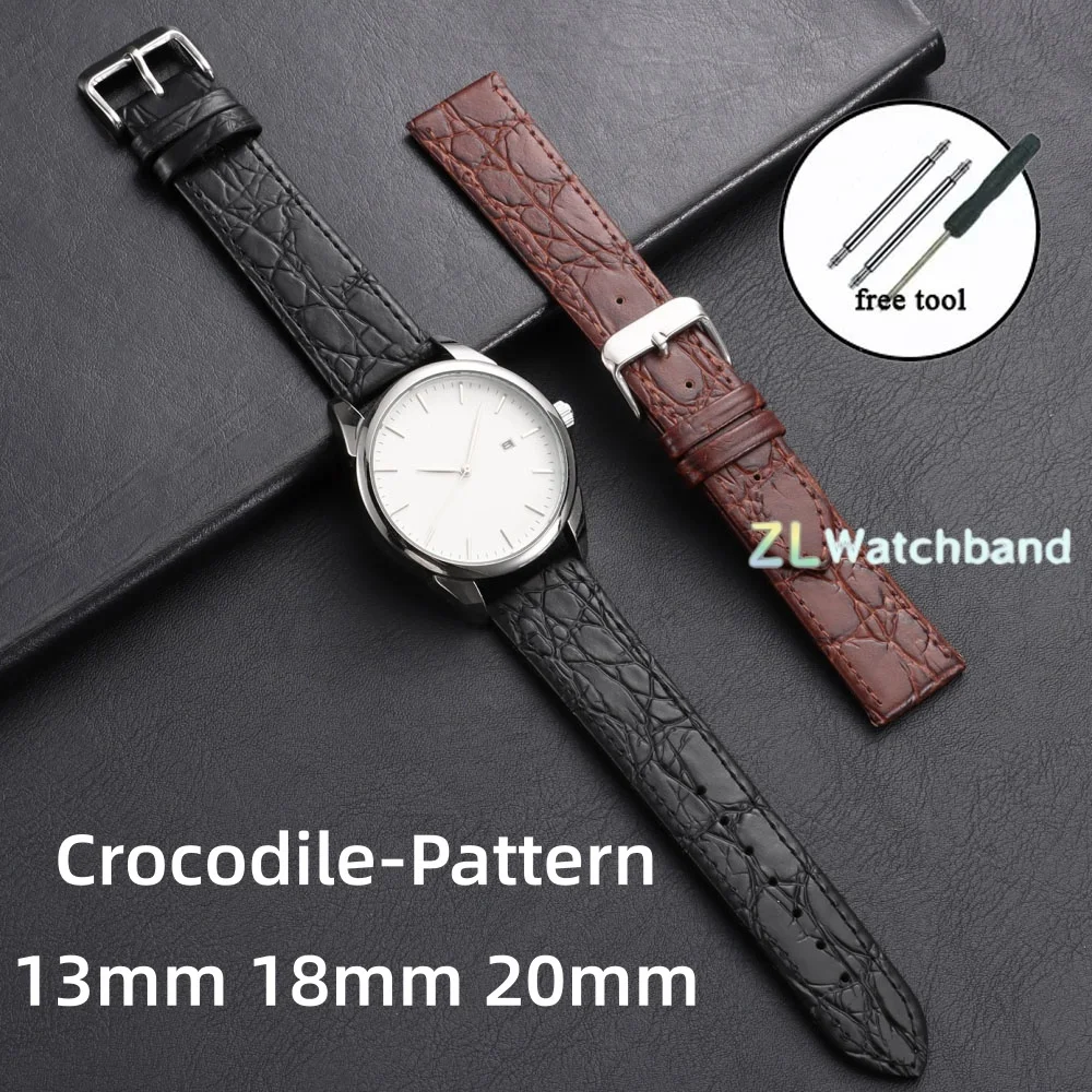 Vintage  Leather Watch Strap 13mm 18mm 20mm Black Brown for Omega Wristband Matte Crocodile Embossed Watch Bracelet For Seiko
