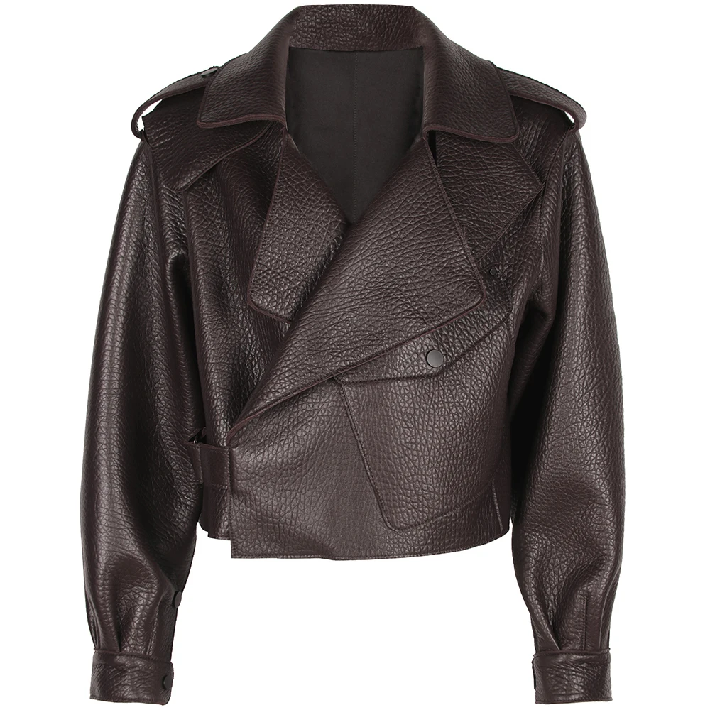YOLOAgain 2025 Spring Dark Brown Oversized Leather Jacket Women Real Leather Jacket Female Overcoat