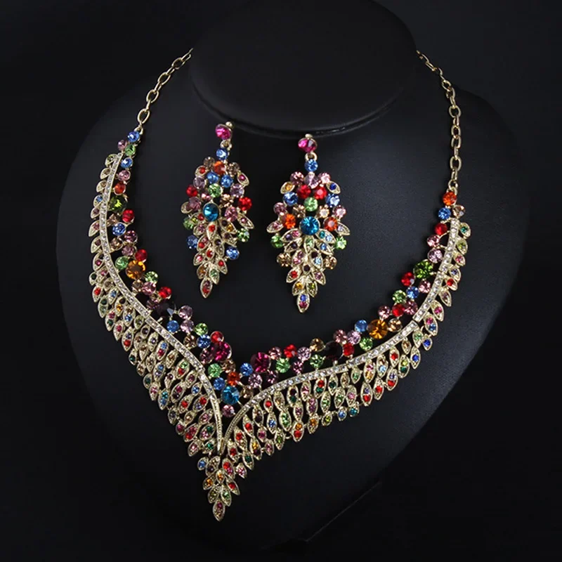 

Women Bridal Colorful Crystal Palace Necklace Earrings Jewelry Sets Wedding Dress Accessories Color Purple & Champagne Clavicle