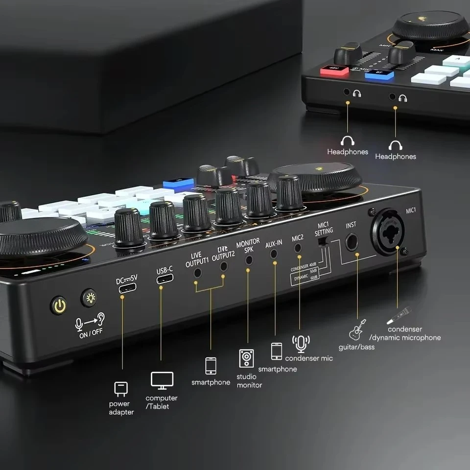 AME2 All-In-One Studio Audio Interface Live Streaming PC Guitar Mixer Podcast Equipment with Sound Card