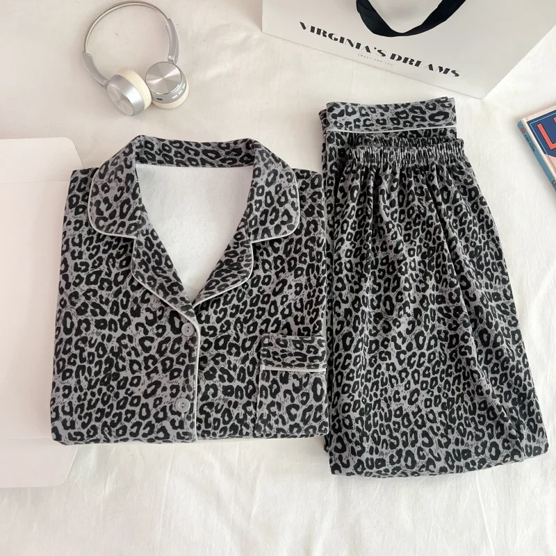 Women Autumn Leopard Print Pajamas Set 2 Pcs Shirt&pants Loungewear Sleepwear Luxury Warm Homewear Casual Comfy Soft Nightwear