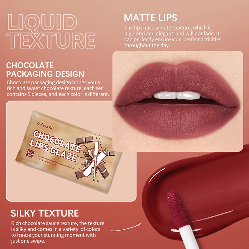 5 pezzi di smalto per labbra marrone opaco caffè rossetto balsamo per labbra set di lucidalabbra al cioccolato, trucco per labbra smalto opaco, effetto naturale, di lunga durata