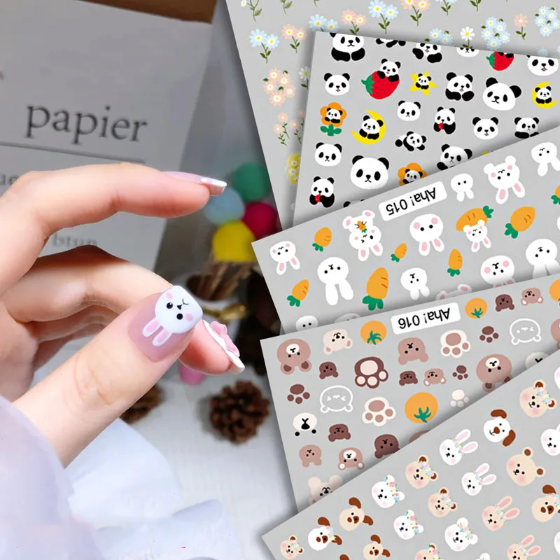 Cartoon Anime Nail Stickers Rabbit Nail Art Decorations Little Bear Paw Nail Sliders For Manicure Flowers Bunny Nail Foils