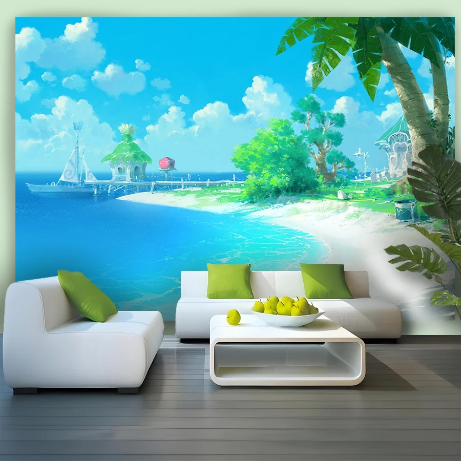 Tapiz de ondas de coco azul, estilo isleño, tela suave para decoración de paredes de sala de estar y dormitorio