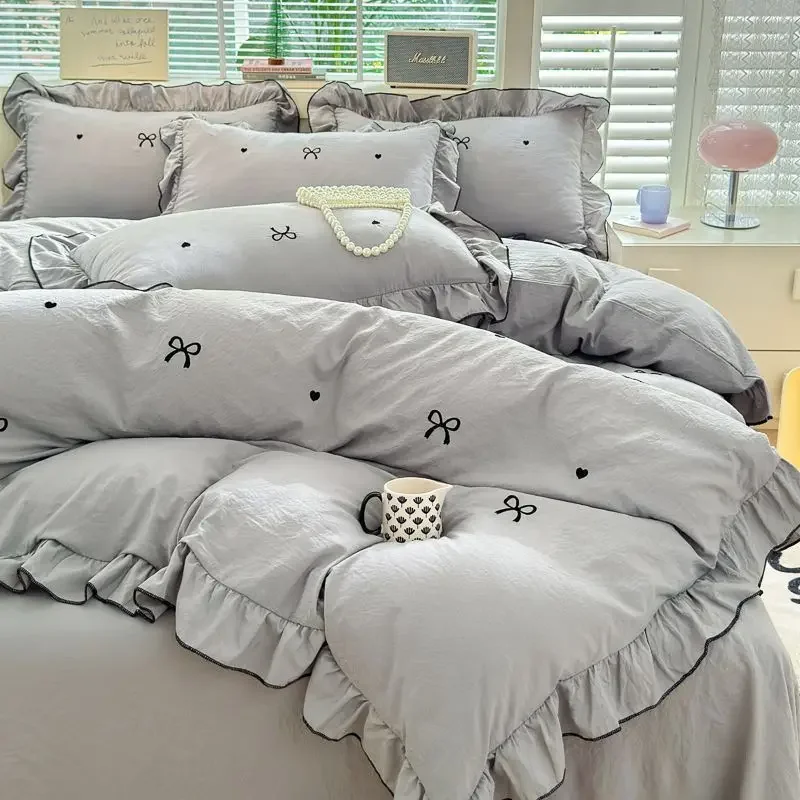 غسلها القطن المطرزة غطاء لحاف مجموعة القوس القلب غطاء سرير ثلاث قطع طقم سرير الأميرة الفرنسية نمط الدانتيل أربع قطع مجموعة