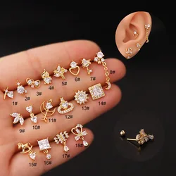 1Piece 20G Stainless Steel CZ Dangle Cartilage Earrings Heart Moon Conch Tragus Helix Snug Screw Back Stud Piercing Jewelry