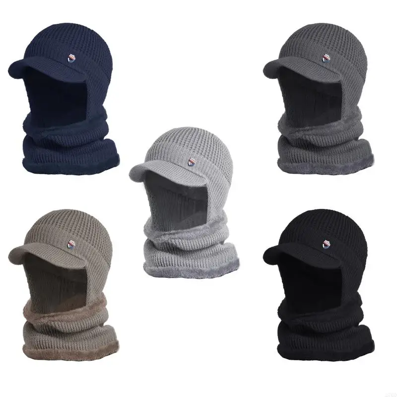 270D 2Pcs Winter Hat Scarf Set for Men Warm Neck Gaiter Balaclava Knit Beanie Visor Earflap Skull Thermal Fleece Mask