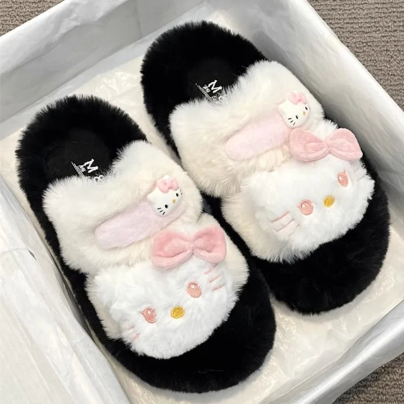 Hello Kitty Cute Cartoon Plush Slippers Female Winter New Fashion Warm Home Shoes Korean Style Casual Versatile Cotton Slippers