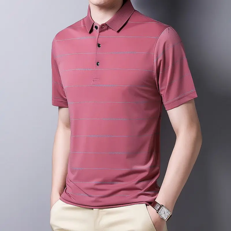 Summer New Polo Short Sleeve T-shirt Men's Summer Ice Silk Turn-down Collar Clothes Striped Button Casual Fashion Toops