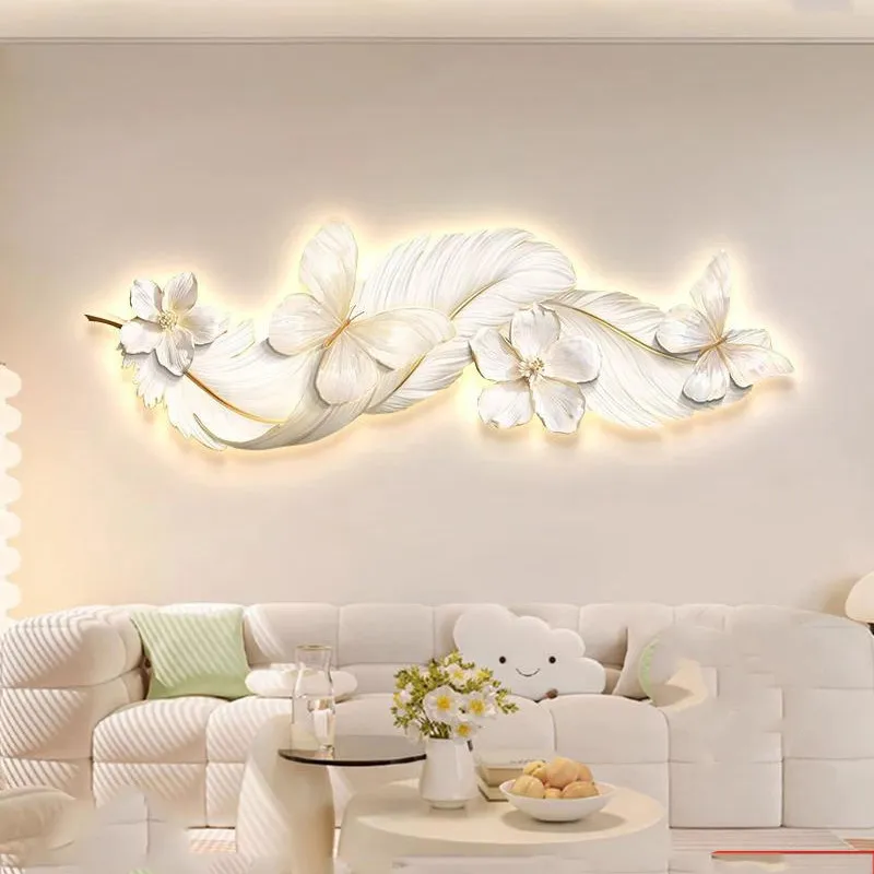 Cream style light luxury living room decoration painting feather sofa background wall hanging painting high-end luminous light p
