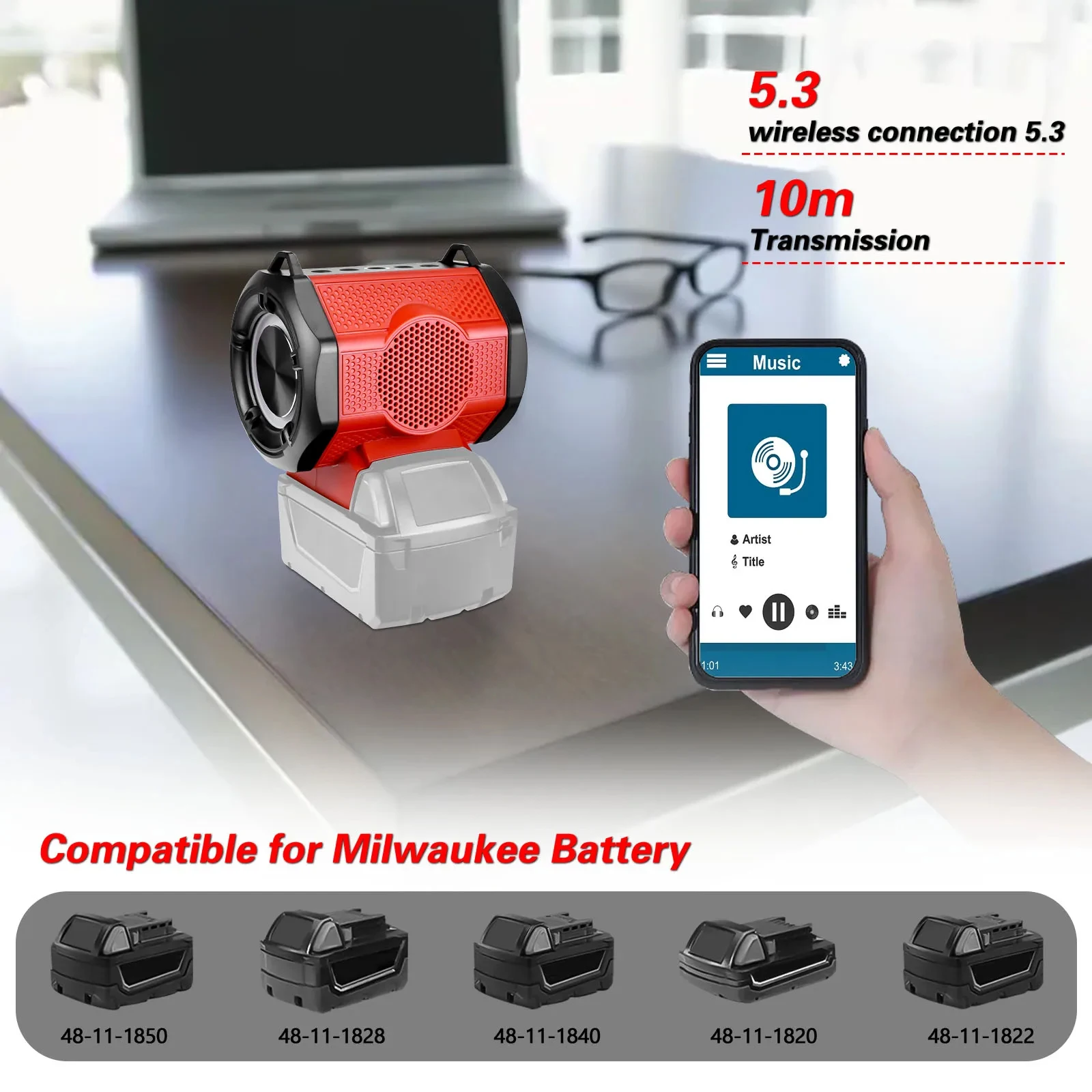 Cordless Speaker Stero Bluetooth-compatible Loudspeaker Amplifier for Milwaukee Battery with USB & Type-C Port (No Battery)