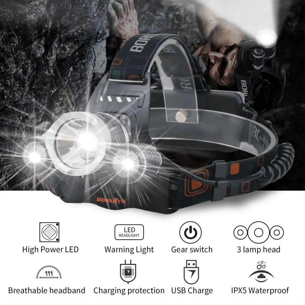 BORUiT 3000LM RJ-3000 LED Headlamp Type-C Rechargeable Headlight Waterproof Fishing Camping Head Torch Lantern