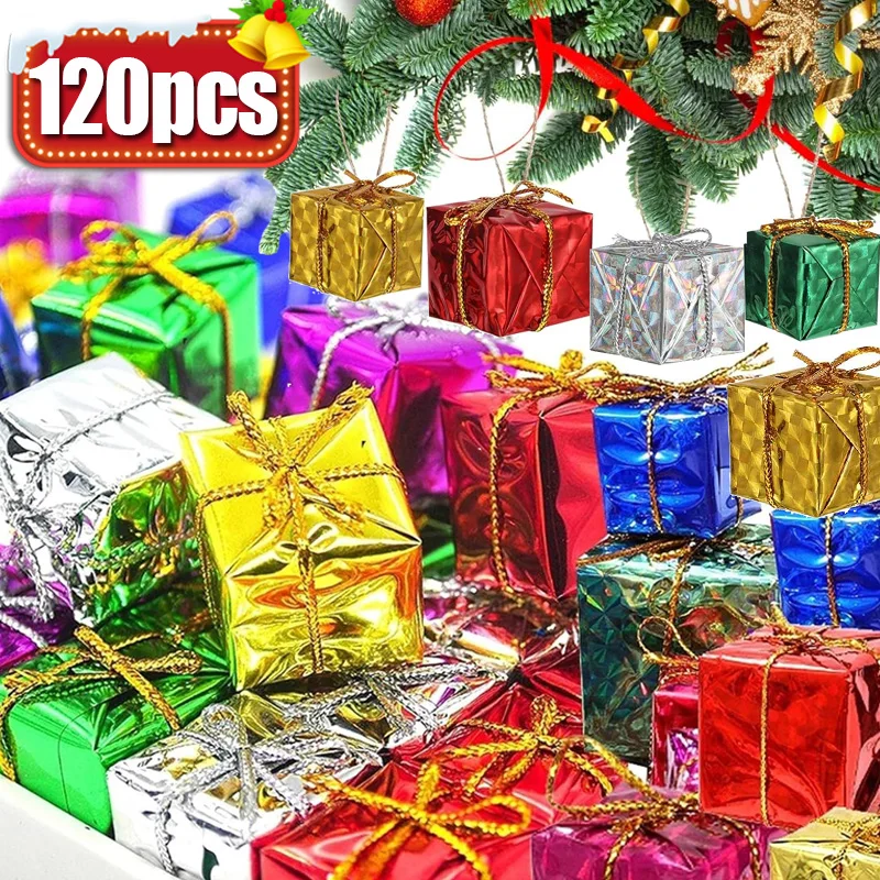 12-120pcs Mini Foam Gift Boxes Xmas Tree Hanging Pendants Colorful Square Box Ornaments Christmas New Year Party Decor Wholesale