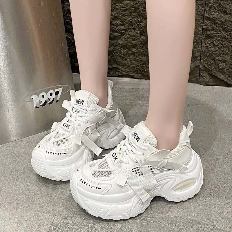 New Fashion Summer Women\'s Platform Sneakers Thick Bottom Breathable Mesh Casual Shoes 7.5CM High Heel Sports Dad Shoes Woman
