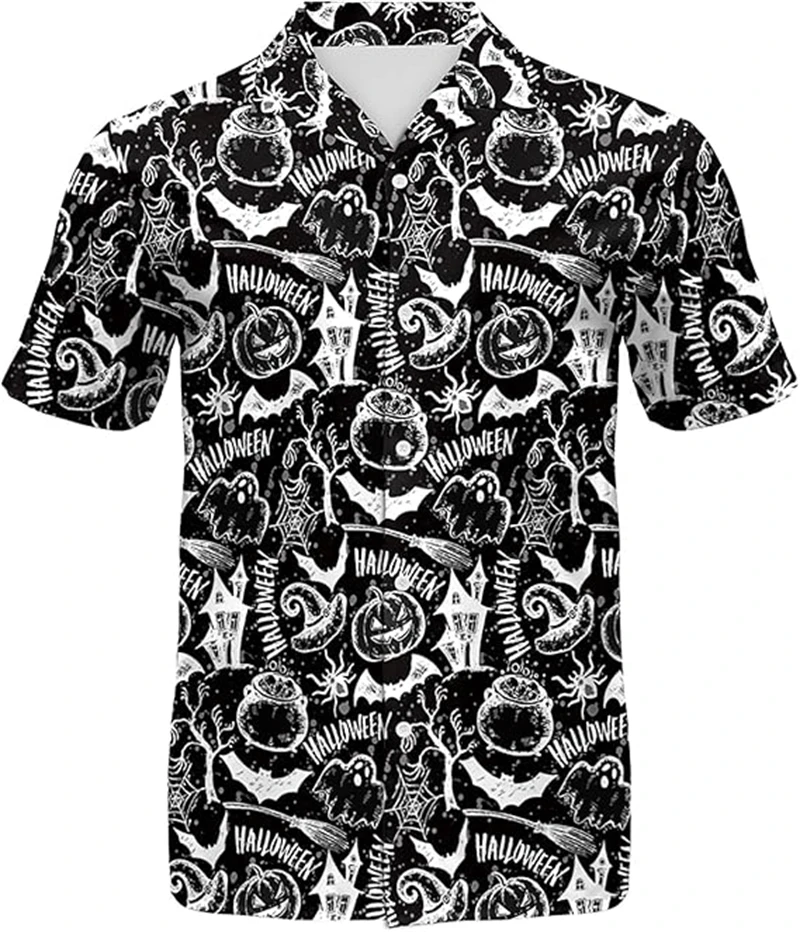 

Halloween Men's Shirt New Casual Holiday Party Shirt Men's Casual Street Short Sleeved Fashionable Pumpkin Head Printed Shirts