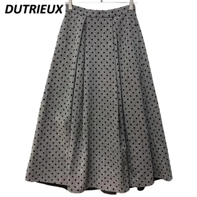 

Sweet Girls Flocked Polka Dot Tweed Autumn and Winter Skirt Japanese High Waist Versatile Temperament Big Swing Long Skirts