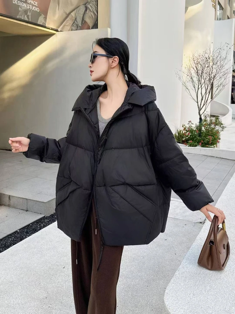 Women White Duck Down Jacket 2025 New Winter Hooded Thick Warm Oversize Puffer Coat Female Casual Loose Parkas Pocket Outwear
