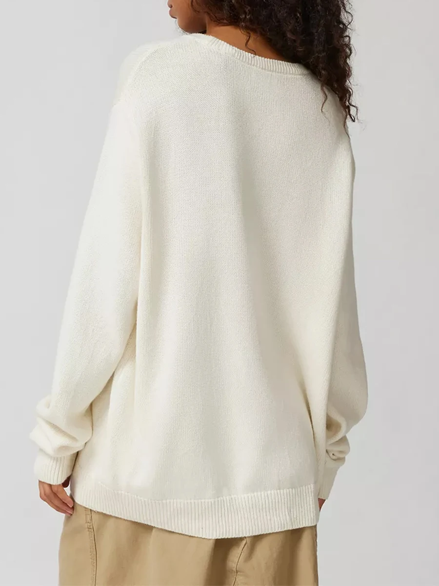 Women s Floral Embroidered Sweaters with Long Sleeves and Oversized Fit Round Neck Pullover for Fall and Winter Fashion Tops