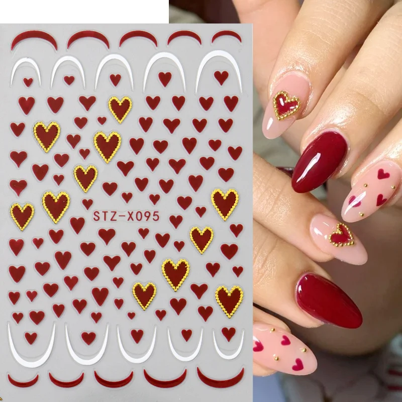 2pcs Mini Love Heart Nail Art Sticker Decals Cute Valentine Designs 3D Adhesive Slider Simple French Manicure Decoration Tips