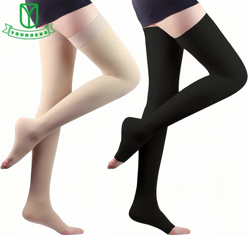 Imagen 1 del producto Medias de compresión altas con punta abierta para mujer, medias graduadas con banda de silicona, soporte para venas varicosas, Edema, vuelo, 20-30mmHg, 1 par
