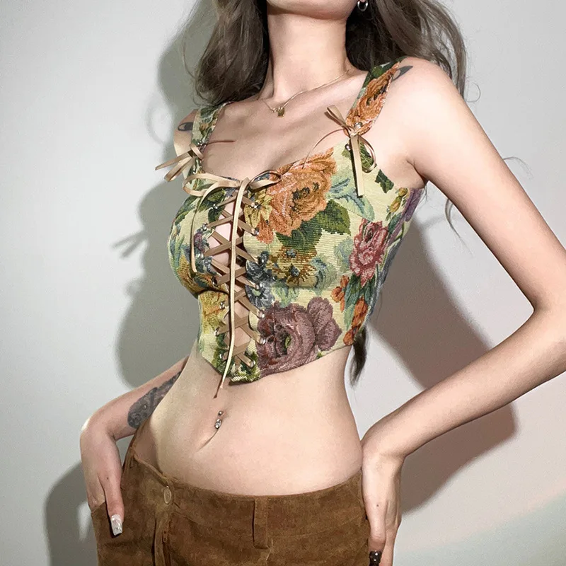 

Fashion Sexy Printed Women's Suspender Vest Retro Flower Hollow Out Short Exposed Navel Hottie Slim Fitting Strapping Singlet