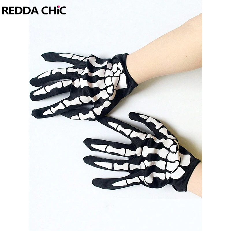 

REDDACHiC Halloween Skeleton Gloves Women Men Skull Bone Full Fingers Ghost Gloves Party Fancy Dress Cosplay Hand Accessories