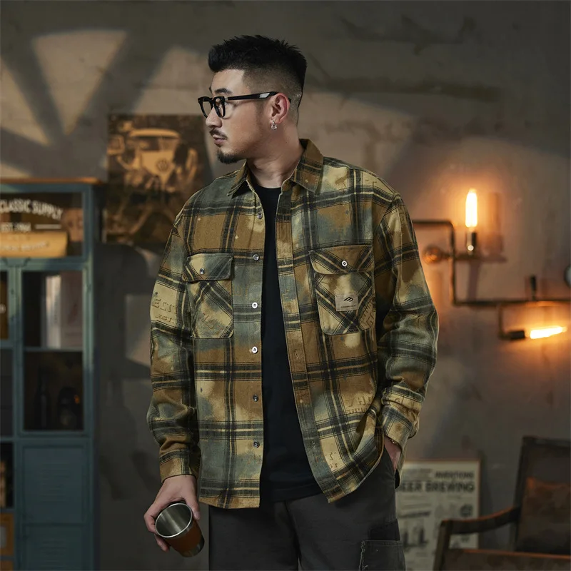 Vintage Plaid Shirt Men's Loose Casual Plus Size Streetwear Fashion Long Sleeve Oversize Shirt Top Blouses Cardigan Coat for Men