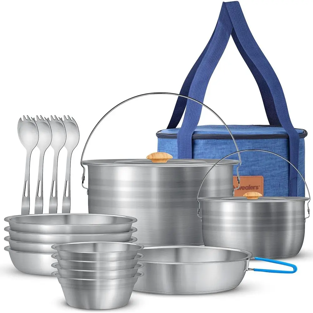 

Compact 17-Piece Stainless Steel Camping Cookware & Dinnerware Set with Plates, Bowls, and Sporks in Travel Bag for Outdoor Adve