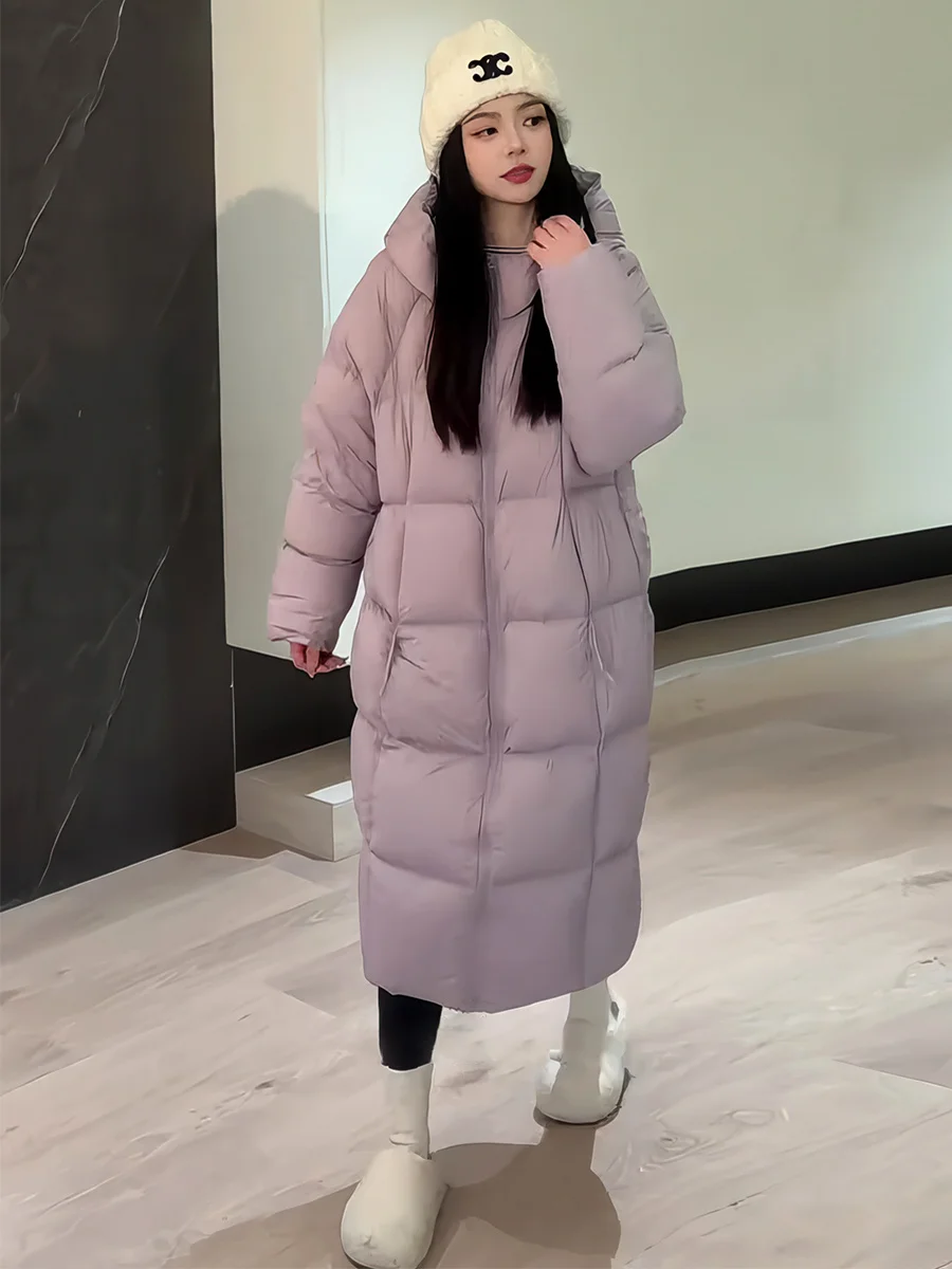 

Korean Sle Long Hooded Puffer Jaet Women's Winter Small Size Purple Loose Thi Warm Bread Coat Outerwear