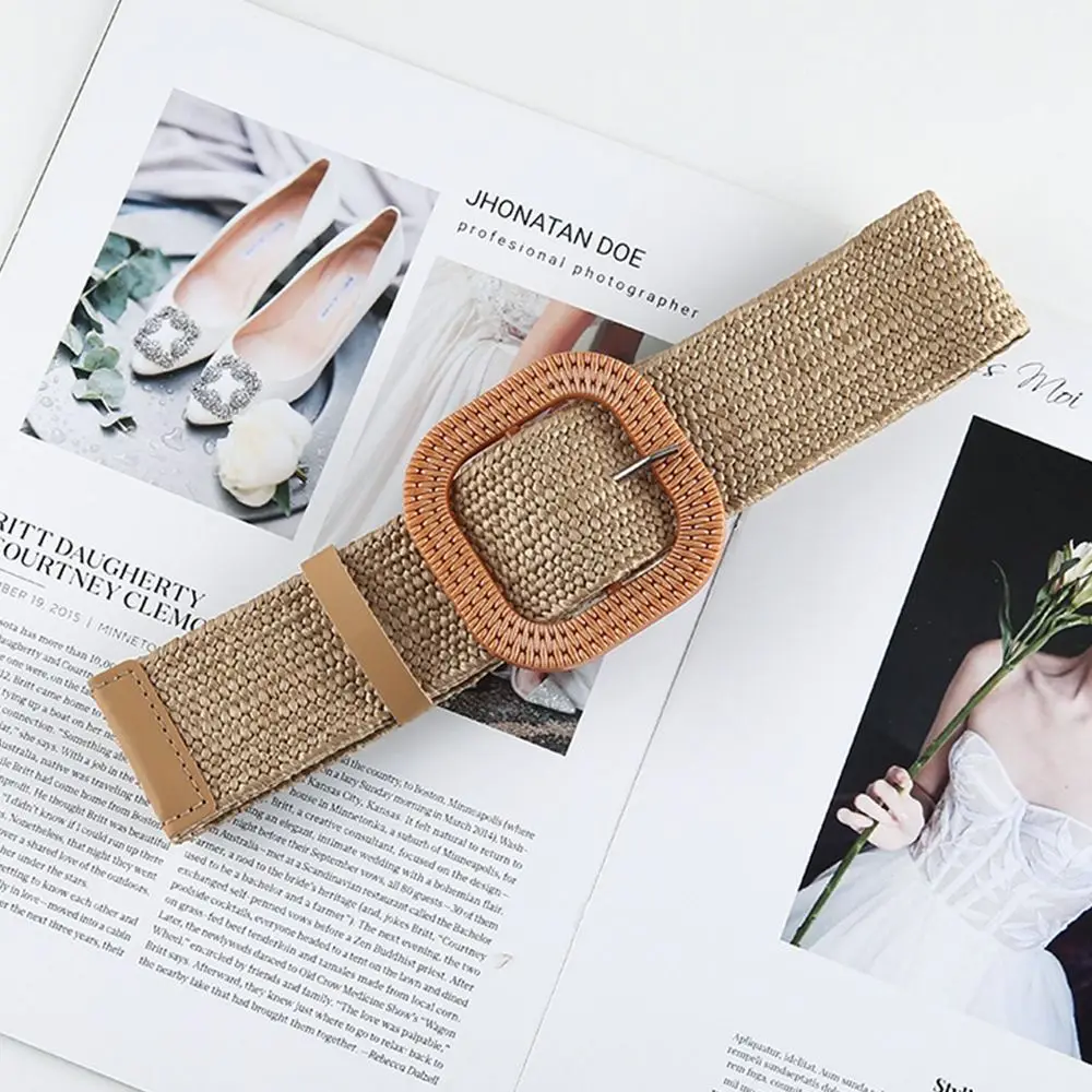 Summer Elastic Bohemian Waist Belt Braided Waistbelt Wide Straw Belt