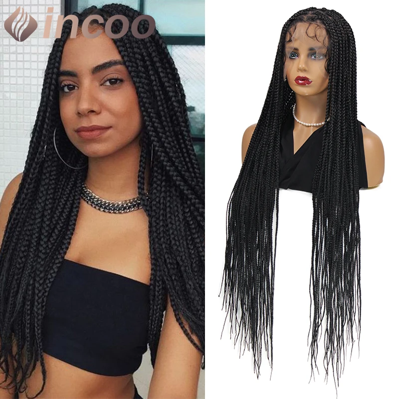 INCOO Box Braid Synthetic Lace Frontal Perucas para Mulheres, Full Lace Knotless, parte aleatória trançada peruca, Cornrow peruca, 36"