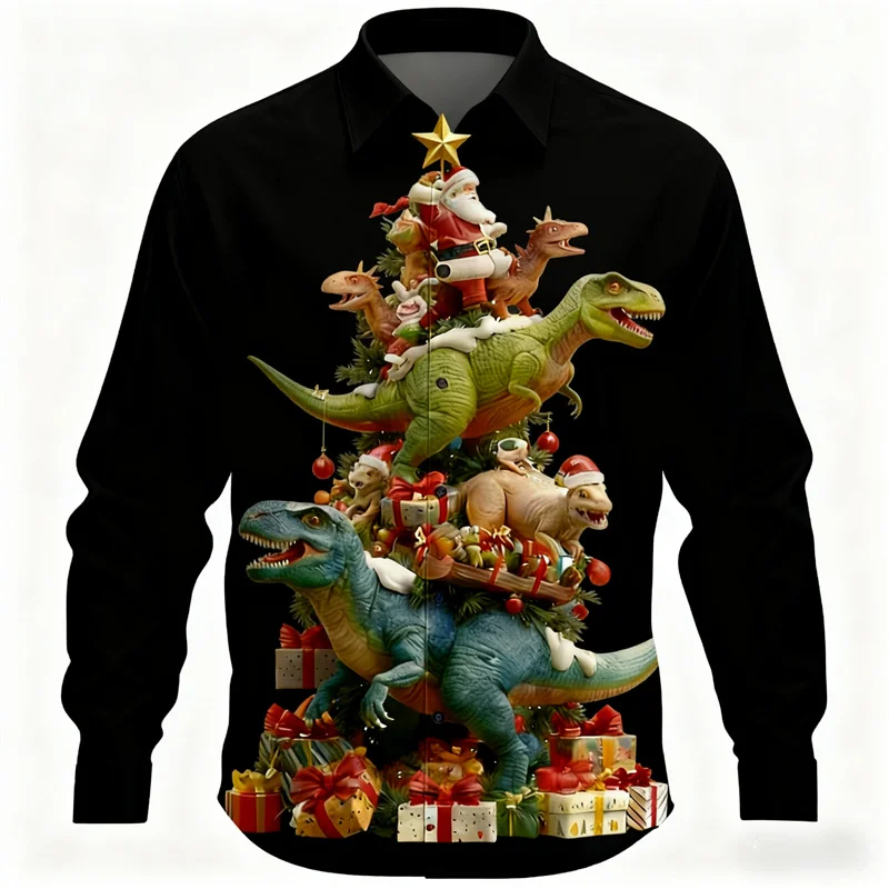 Men's long-sleeved shirt, Christmas shirt, 3D high-definition printed dinosaur Christmas tree (pattern), casual party wear