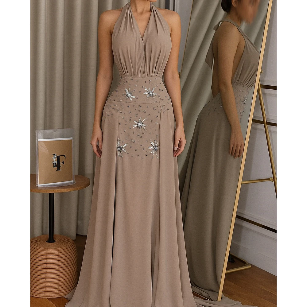 

Customized Mermaid Evening Dresses Floor-length V-neck Sleeveless Prom Gown Fashion Crystal Simple Draped Backless Party Gown