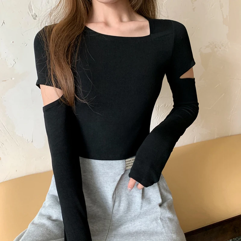 Skew Collar Crop Tops Y2k Women T Shirt Hollow Out Long Sleeve Elastic Tshirt Camiseta Autumn Slim Short Clothes Tee Shirt Femme