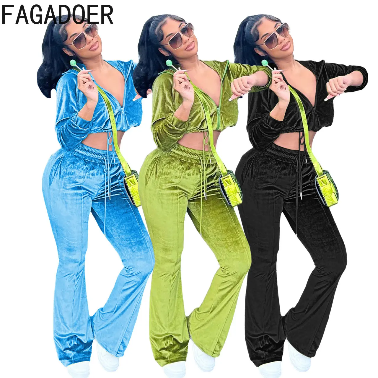 

FAGADOER Fall Winter Velvet Two Piece Sets Women Outfit Casual Zipper Crop Top + Flared Pants Tracksuits Female Solid 2pcs Suits