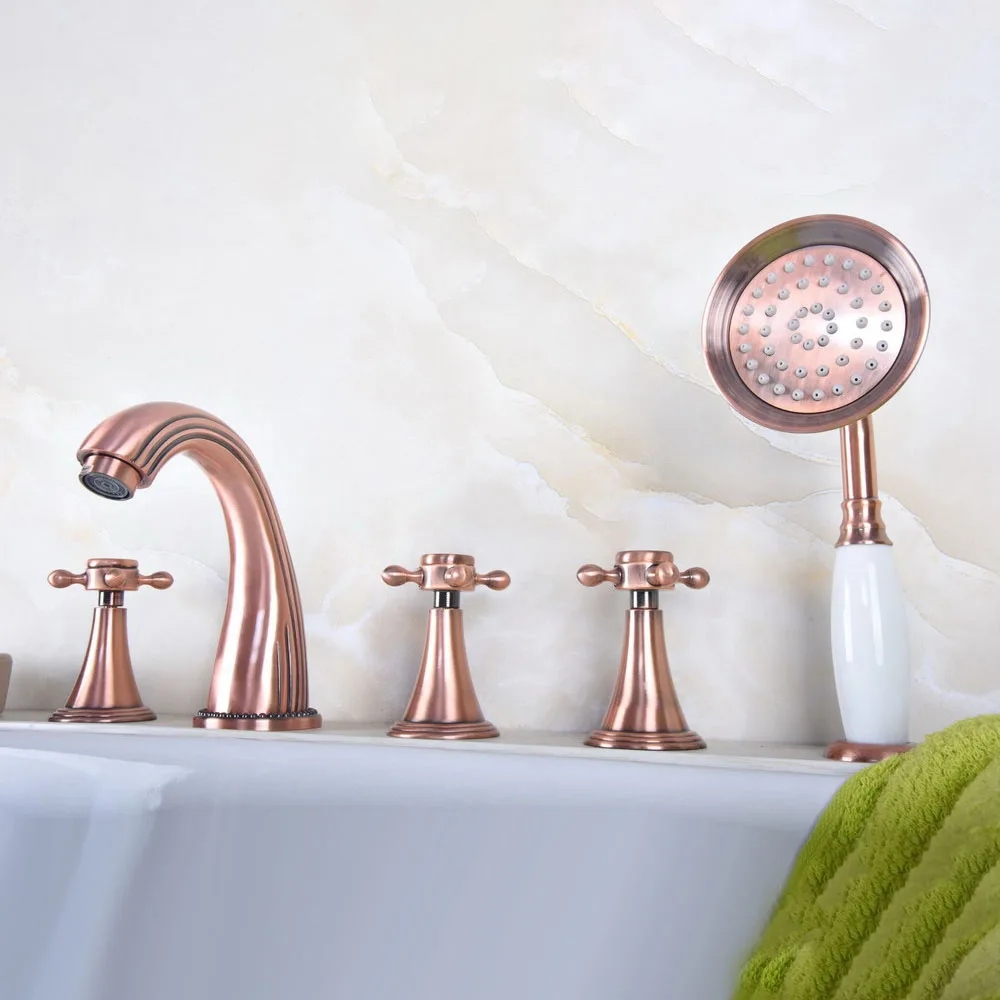 

Antique Red Copper Five Hole Deck Mount Bathroom Tub Faucet Set with Handheld Shower Spray Head Mixer Tap Dtf198