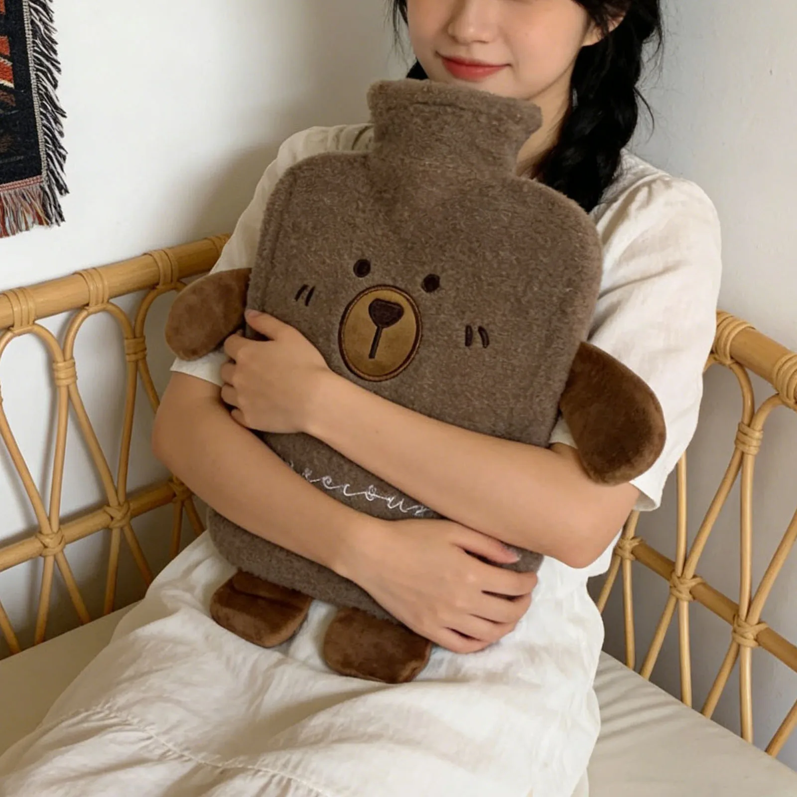 2L Portable Heat Retention Water Bag with Detachable Fleece Cover Hot Compress Filling Bottle Bags Soft Plushie Hand Warmer