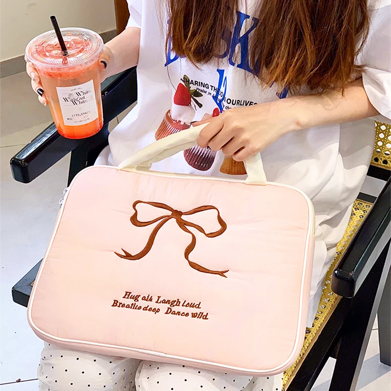 Adorável bolsa para laptop para mulheres e meninas, lona macia, bowknot, pasta de estudante, fofa, protetora, portátil, zíper, notebook, bolsa de computador