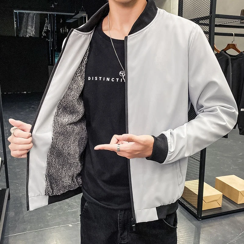 ゆったりとしたカジュアルなメンズジャケット 秋冬 ファッショナブルな韓国スタイル 厚手フリース スタンドカラー 長袖 レギュラー丈