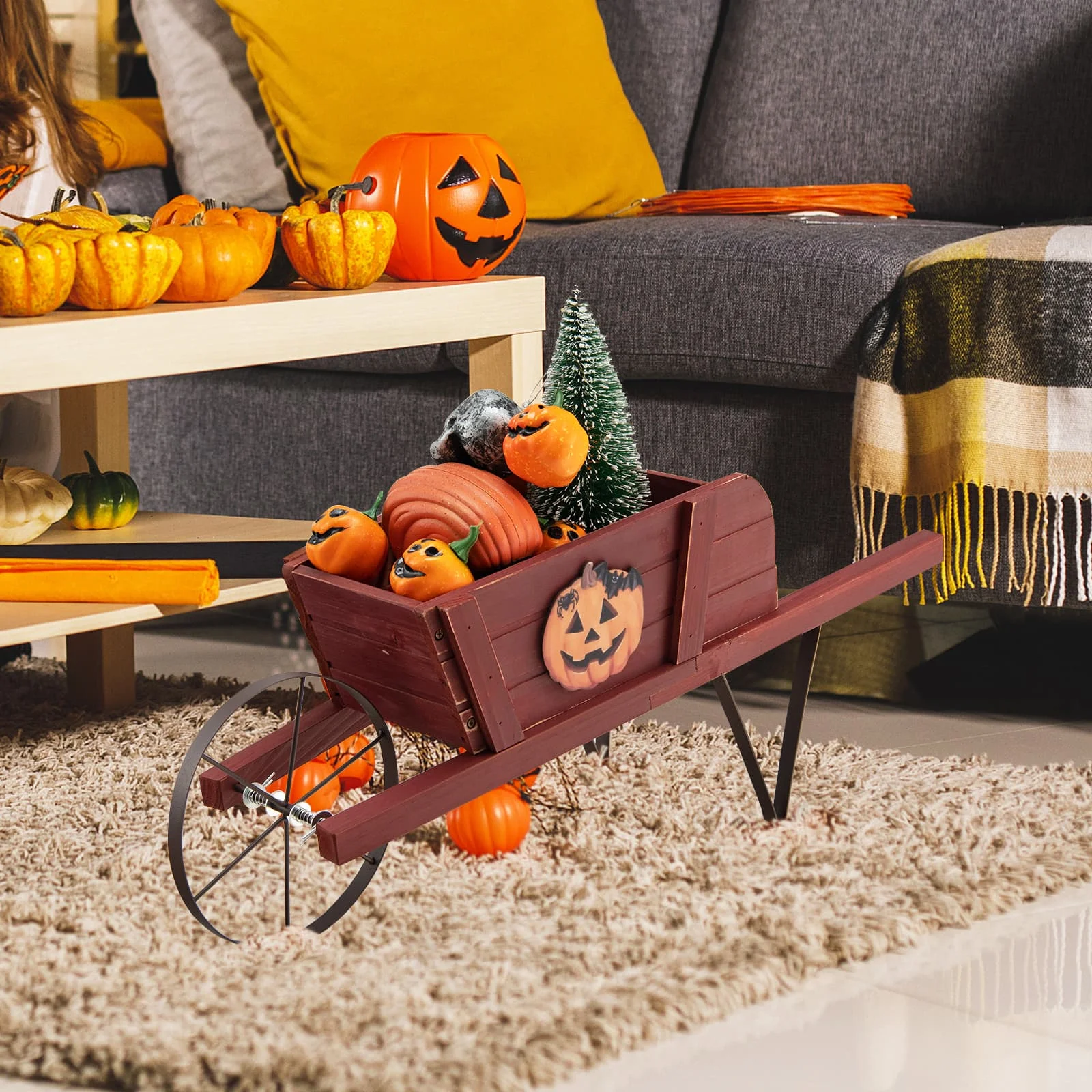 

Деревянная кашпо-тележка с 9 магнитными аксессуарами для сада и двора - красная